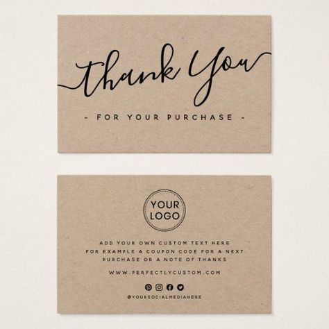 $32.75 | Kraft paper custom logo thank you insert card #thank you for your purchase, simple modern elegant calligraphy script, small business handmade package tag, homemade goods promotional supplies, e-commerce social media contact icons, trendy etsy customer appreciation insert, product packaging mini inserts card, add your own logo template, rustic brown kraft paper Luxury Business Card Design, Packing Idea, Package Inserts, Business Thank You Notes, Kraft Business Cards, Luxury Business Card, Packaging Ideas Business, Thank You Card Design, Purchase Card