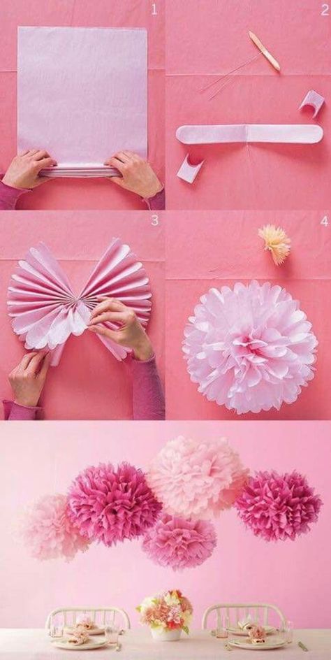 Pink Pom Poms, Diy Pom Poms, Tissue Pom Poms, Diy Flores, Paper Flower Wall Decor, Trendy Baby Shower Ideas, Paper Pom Poms, Tissue Paper Flowers, Baby Diy