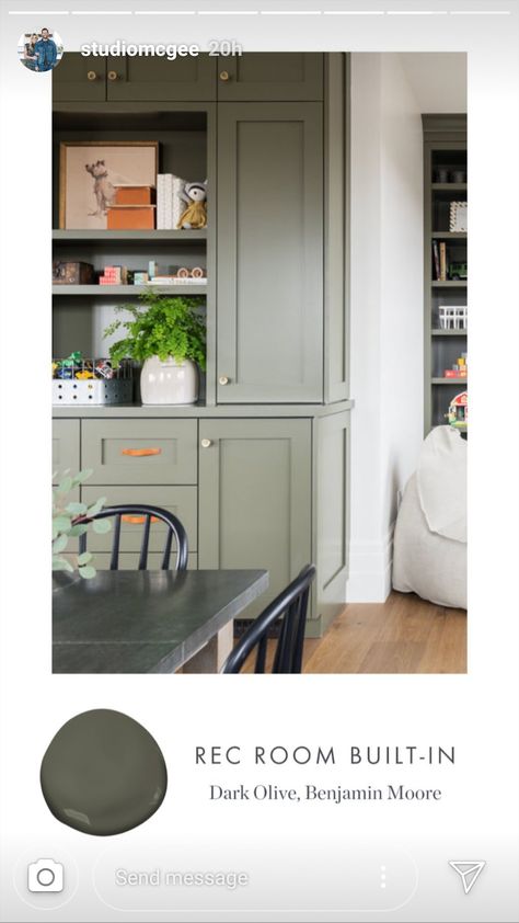 @studiomcgee  Dark Olive Benjamin Moore Dark Olive Benjamin Moore, Olive Benjamin Moore, Studio Mcgee Paint Colors, Olive Living Rooms, Olive Kitchen, Mudroom Laundry Room, Paint Colors Benjamin Moore, Green Paint Colors, Studio Green