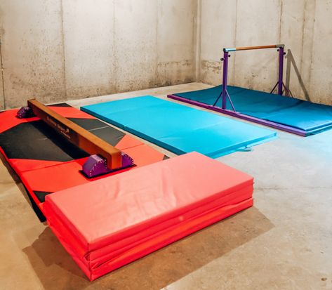 Best Gymnastics Equipment for Home - Our Home Gymnastics Setup • COVET by tricia Gymnastics Basement Ideas, Basement Gymnastics Area, Gymnastics Bars For Home, Gymnastics Mats For Home, Gymnastic Equipment, Home Gymnastics, Gymnastics At Home, Best Gymnastics, Gymnastics Equipment For Home