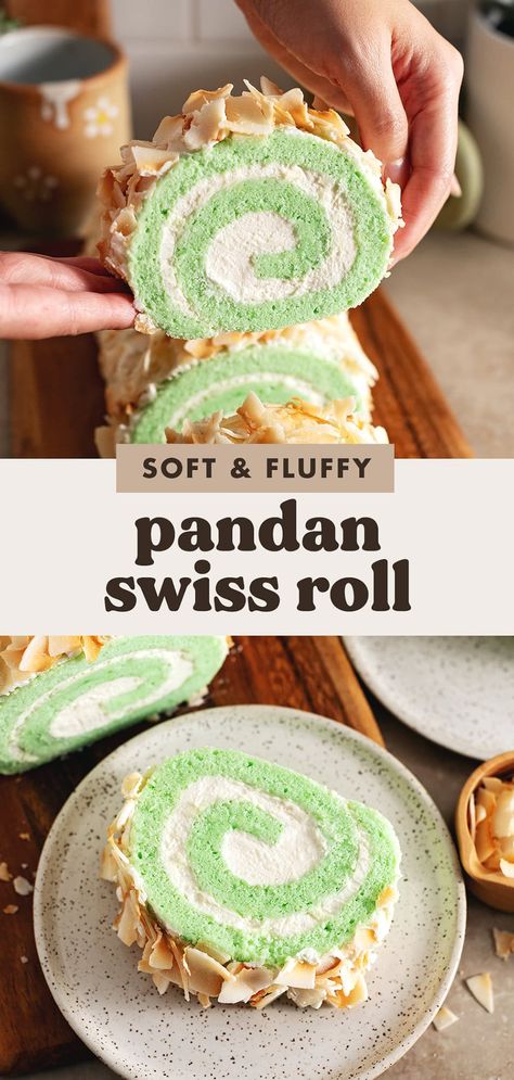 This soft and fluffy pandan swiss roll is filled with whipped cream and covered with toasted coconut flakes. Includes all my tips and foolproof roll cake recipe that never rips or ripples when rolled up! Pandan Roll Cake, Swiss Roll Cake Christmas, Coconut Roll Cake, Roll Cake Decoration, Pandan Swiss Roll, Ube Roll Cake Recipe, Foolproof Cake Recipe, Swiss Desserts, Arctic Roll