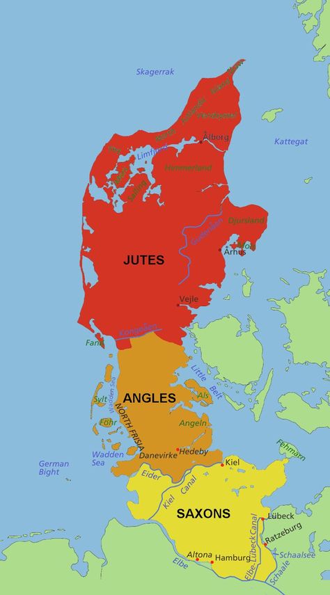 The Jutland Peninsula showing the historic homeland of the Germanic tribes of Jutes, Angles, and Saxons after the Roman departure from Britain (ca. 500 CE) Saxon History, Aachen Cathedral, Anglo Saxon History, Royal History, Germanic Tribes, Ancient Maps, English History, Old Maps, Anglo Saxon