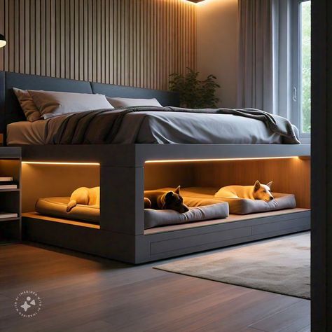 Modern Pet Room, Bed Frames With Dog Bed, Dog Under Bed Ideas, Built In Pet Bed, Dog Bed Under Bed Frame, Diy Bed With Dog Bed Underneath, Bed Frame With Dog Bed Under, Space For Dogs In House, Under Bed Dog Bed