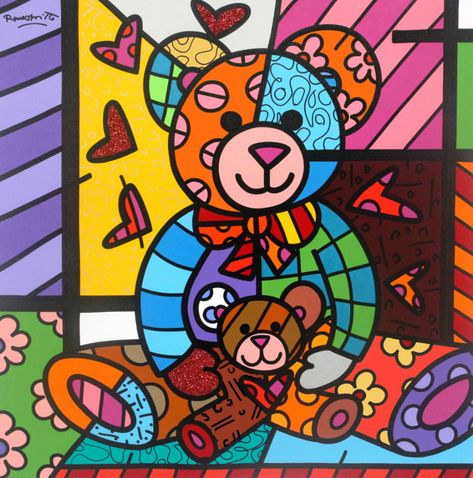 Romero Britto Romero Britto Art, Britto Art, Embroidery Painting, Cute Cartoon Bear, Embroidery Beads, Graffiti Painting, Cat Coloring Page, Crystal Cross, Diamond Embroidery