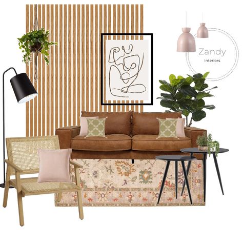 Designed by @zandyinteriors using our mood board tool. Click the link to see the live mood board. Loving the brown and blush palette with the natural materials and black accents. Mid century modern furniture, decor, interior design, boho, ideas, sofa Salon Interior Design Boho, Neutral Modern Living Room, Interior Mood Board, Style Sourcebook, Concept Interior Design, Mid Century Interior Design, Bedroom Interior Design Modern, Brown Sofa Living Room, Leather Couches Living Room