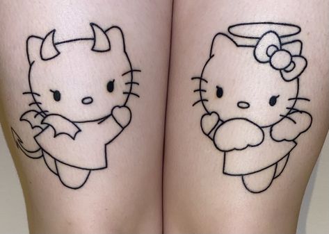 Matching Hello Kitty Tattoos Couple, Hello Kitty Couple Tattoo, Hello Kitty Cherry Tattoo, Hello Kitty Matching Tattoos, Tattoo Hello Kitty, Hello Kitty Tattoo Ideas, Hk Tattoo, Hello Kitty Tattoo, Kitty Tattoos