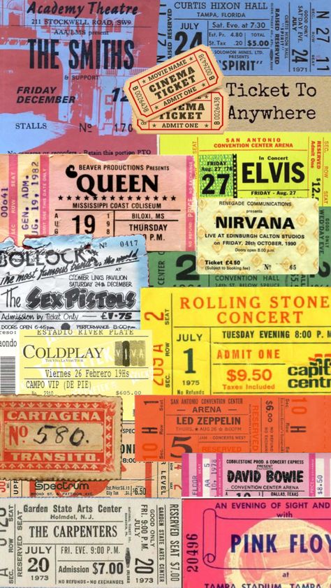 #concert # wallpaper Vintage Concert Tickets, Concert Tickets Aesthetic, Concert Illustration, Concert Wallpaper, Prints Ideas, Theatre Tickets, Vintage Theatre, Cinema Ticket, Concert Flyer