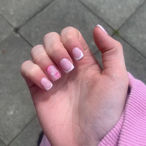 Letter C Nails, Nails With C Initial, C Initial Nails, White Frenchies, C Initial, Pink Letter, Letter C, Cute Acrylic Nails, French Nails