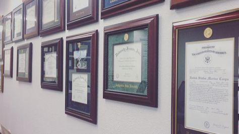 Diploma Display Wall Living Rooms, Hanging Certificates On Wall, Hang Degrees In Office, Diploma Gallery Wall, Displaying Diplomas In Office, Degrees On Wall In Office, Hanging Diplomas In Office, How To Display Diplomas, Diplomas On Wall