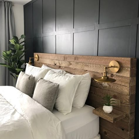 Wood Headboard Bedroom, Diy Headboard Wooden, Diy Wood Headboard, Diy Bed Headboard, Reclaimed Wood Headboard, Bed Design Ideas, Colorful Headboard, Headboard With Lights, Headboard Ideas