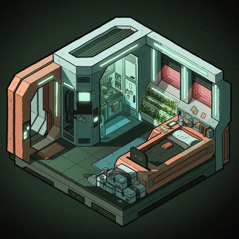 Sci Fi Room, Cyberpunk Room, Scifi Interior, 3d Karakter, Spaceship Interior, Micro Apartment, Sci Fi Environment, Isometric Art, Isometric Design