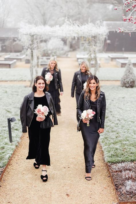 Bridesmaids in black bridesmaid dresses with black leather jackets Leather Jackets Wedding, Bridesmaids In Black, Black Leather Jackets, Blue Bridesmaid Dresses Short, Bridal Skirt, Indian Bridesmaid Dresses, Black Bridesmaid, South African Weddings, Groomsmen Outfits