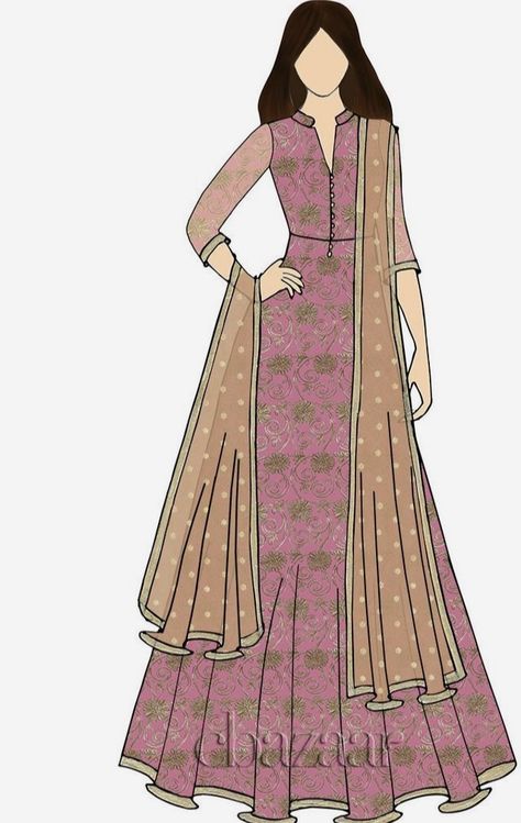 Anarkali Fashion Illustration, One Piece Dress Illustration, Anarkali Illustration, Dress Illustration Art, Illustration Poses, Traditional Illustration, Suit Drawing, Pattern Drafting Tutorials, Fashion Illustration Poses