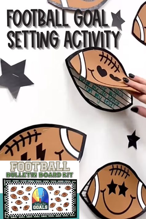 Get ready for some major goal-setting action this year for Super Bowl Sunday!  Dive into our fun-filled craftivity that not only celebrates having BIG GOALS but also teaches elementary students valuable goal-setting skills through an engaging football-themed craft. Perfect for elementary school students! Football Bulletin Boards, Goal Setting Bulletin Board, Goals Bulletin Board, Cute Bulletin Boards, Goal Setting Activities, Fall Bulletin Board, Superbowl Sunday, Fall Bulletin Boards, Game Day Football