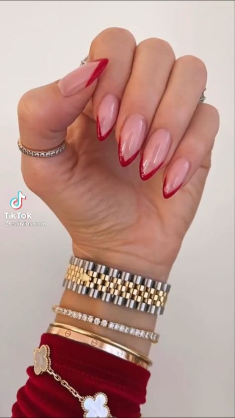 Red Nail Designs Classy Coffin, Nails 2023 Trends Long Almond, Acrilyc Nails Ideas Red, Almond Nails Designs Summer Red, Red Multicolor Nails, Stilleto Nails French Tip Red, Red Pointed French Tip Nails, Red Tip Acrylic Nails Almond, Red Spring Nails Acrylic