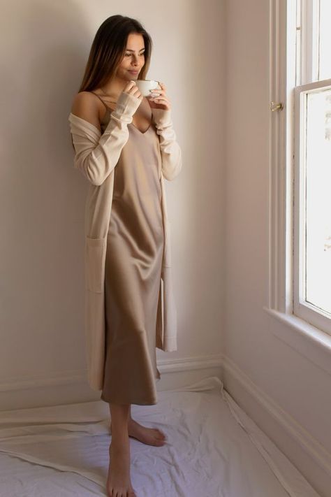 Cardigan Ootd, April Fashion, Cozy Clothes, Loungewear Outfits, Fall Break, Long Sweaters Cardigan, Neutral Fashion, Satin Slip, Satin Slip Dress