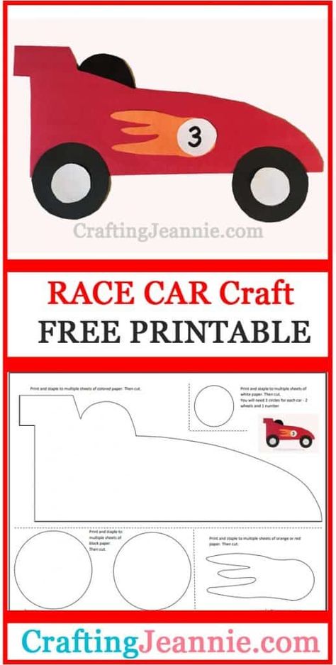 This Race Car Craft is sure to be a hit! Make enough for the classroom, a party, preschool or scouts in just about 10 minutes! Use the FREE PRINTABLE TEMPLATE to make a bunch of cars. #carcraft #racecar #vehiclecraft #tranporationcraft #CraftingJeannie Race Car Arts And Crafts, Race Car Crafts For Toddlers, Wheels Arts And Crafts, Free Race Car Printables, Cars Arts And Crafts For Kids, Car Crafts For Preschoolers, Race Car Activities For Preschool, Race Car Crafts Preschool, Car Craft For Preschool