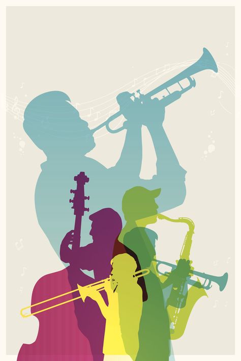 Music Room Art, Jazz Instruments, 20th Century Music, Digital Portrait Illustration, E Newsletter, Band Director, School Murals, Jazz Poster, Jazz Art