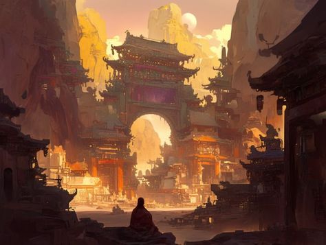 AI-generated digital artwork depicting a vast, abandoned ancient Chinese city with elaborate temples and towering gates. A lone figure in red robes sits in the foreground, overlooking the sunlit scene with warm, golden tones highlighting the intricate architecture. The composition features a series of ornate structures with curved roofs and archways, surrounded by steep cliffs under a hazy sky, evoking a sense of timelessness and mysticism. Ancient Chinese City, Chinese Architecture Traditional, East Asian Architecture, Traditional Chinese Architecture, Fantasy Settings, Chinese City, Chinese Temple, Asian Architecture, Temple Art