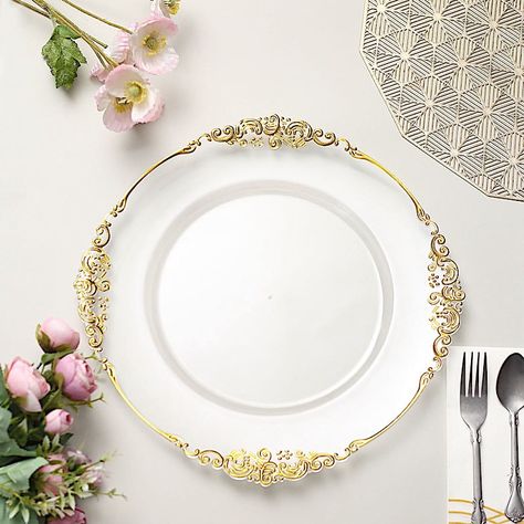 Arrives by Sat, May 13 Buy BalsaCircle 6 Clear 13" Acrylic Round Charger Plates Decorations Embossed Rim Gold at Walmart.com Charger Plates Wedding, Fancy Table, Cake Holder, Gold Baroque, Embossed Pattern, Square Plates, Charger Plates, Antique Design, Event Catering