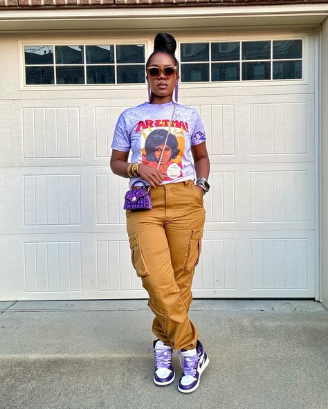 ~Recap of the OOTD~ Swipe to see the look styled with sneakers as well. Watch previous reel for step by step details! 💜🤎 . . 📌Shop exact and similar options to this look on my @shop.ltk page. Linked in my bio. . . ✨What I’m wearing: *Graphic tee: @merchbar (gifted). Shop the Merchbar link in my bio for this tee and others. *Cargo pants: @amazonfashion. Linked on my LTK page. *Purse: @brahmin *Heels: @ninewest *Sneakers: @jumpman23 via @stockx *Earrings: @xoxo_bijou *Bracelets and Apple Wa... Tshirt And Sneakers Outfits Casual, Tshirt And Dress Pants, Cute Athleisure Outfits Summer, Bracelets And Apple Watch, Graphic Tee Outfit Black Women, Cute Sneaker Outfits, Causal Outfits, Dope Fashion, Black Women Fashion