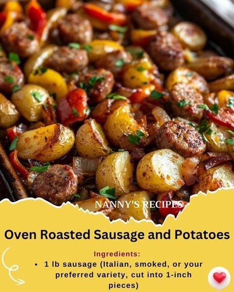 Oven Roasted Sausage and Potatoes Recipe Sausage Potato Bake Recipes, Roasted Potatoes With Sausage, Baked Italian Sausage And Potatoes, Sausage Potatoes And Onions In Oven, Oven Roasted Potatoes And Sausage, Bratwurst Potatoes Recipes, Potato Sausage Bake, Italian Sausage And Potatoes In Oven, Smoked Sausage And Potatoes In Oven