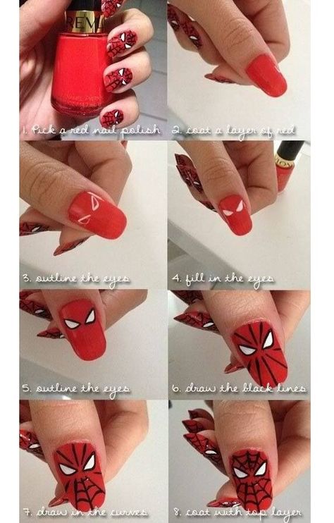 Spiderman Nail Art, Nail Art Dessin, Superhero Nails, Nail Art Step By Step, Marvel Nails, Art Step By Step, Art Spiderman, Nail Art For Kids, Unghie Sfumate