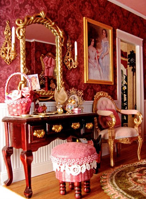 victorian dollhouses | Victorian Dollhouse Bedroom and Bathroom, 1:12 Scale Miniatures, Pt. 4 Victorian Doll House Interiors, Victorian Doll Furniture, Dollhouse Vanity, Victorian Dollhouse Furniture, Miniature Victorian Dollhouse, Pink Victorian Dollhouse, Dollhouse Victorian, Victorian Dollhouse Miniatures, Miniature Bedroom