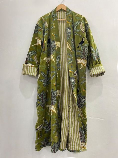 Robe Women, Green Jungle, Velvet Kimono, Kimono Robes, Velvet Coat, Jungle Print, Morning Tea, Long Kimono, Bridesmaid Robes