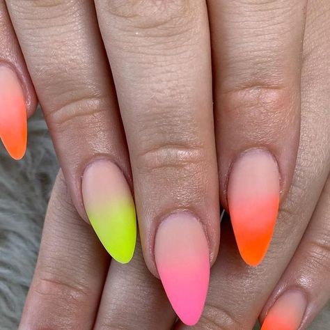 Sabrina on Instagram: "Neon tips 💅🏽🧡💚💗 : : : : : : #Acrylics #AcrylicNails #LongNails #LongAcrylics #AlmondNails #AlmondShapeNails #Neon #NeonNails #NeonTips #NeonAcrylic #Ombre #NeonOmbre #PrettyNails #CuteManicure #SummerNails #NailTrends2020 #NailDesign #NailDesigns #Explore #ExplorePage #Nails #CoutureNails #2020Nails #NailsOnFleek #NailzByBrina" Ombre Summer Nails Neon, Neon Nails Ombre, Neon Ombre Nails, Mum Nails, Neon Tips, Mani Monday, Couture Nails, Almond Shape Nails, Orange Ombre