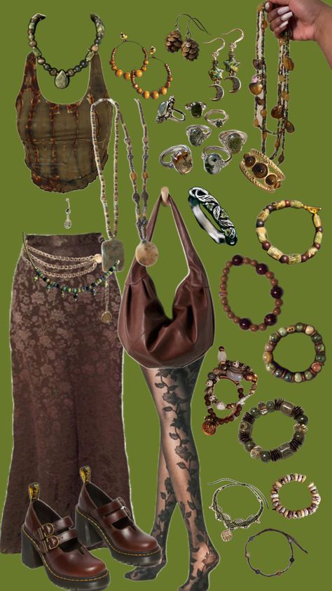 Earthy brown boho outfit green spiritual hippie earthy black girl outfit look Boho Outfits Jewelry, Earthbound Outfits Style, Down To Earth Fashion, Witchy Earthy Aesthetic, Brown Boho Outfit, Earthy Fairy Aesthetic, Earthy Witch Aesthetic, Earthy Girl Outfits, Earthy Baddie