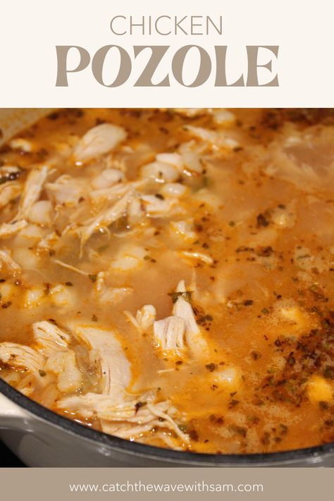 CHICKEN POZOLE Poached Chicken Soup, How To Make Pozole Chicken, Chicken Pozole Recipe Easy, Pazole Soup Mexican Posole Chicken, Chicken Pizzoli Soup, Mexican Hominy Soup, Chicken Pozole Soup, Soups With Hominy, Chicken Pazole Soup Mexican