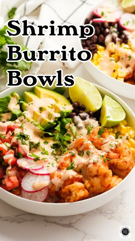 Fresh, tasty, and easy to customize Shrimp Burrito Bowls are fusion fare with plenty of flavor for everyone! Shrimp Recipes For Dinner Mexican, Mexican Shrimp Bowl Recipe, Shrimp Burrito Bowl, Shrimp Bowl Recipe, Pomegranate Desserts, Pear Sauce Recipe, Chicken Bowls Healthy, Shrimp Burrito, Shrimp Bowls