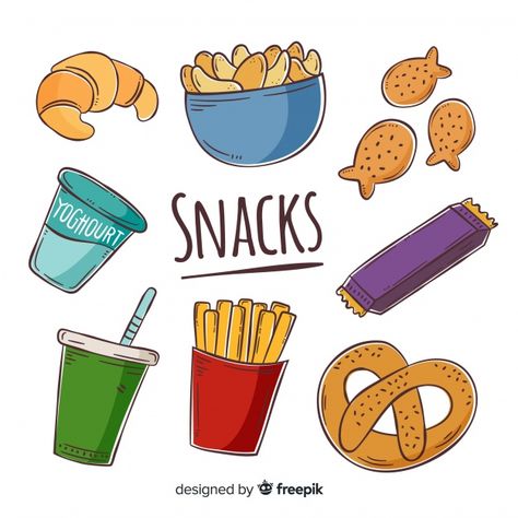 Collection of snacks Free Vector | Premium Vector #Freepik #vector #food #hand #kitchen #hand-drawn Snack Clipart, Snack Pictures, Snack Sani, Yogurt Snacks, Fruit Labels, 100 Calorie, Food Menu Template, Fast Food Menu, Food Sketch