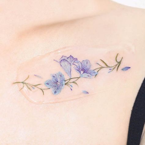 Collar Bone Birth Flower Tattoo, July Birth Flower Tattoo, Honeysuckle Tattoo, Larkspur Tattoo, Marigold Tattoo, Violet Tattoo, July Birth Flower, Our Mindful Life, Water Tattoo