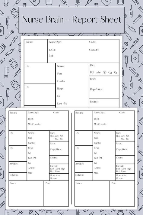 Simplify your shift change reports with this report sheet! This report sheet makes it quick and easy to write all of the patient information down that you might need! With an extra open space at the bottom, you have room to write down labs, imaging results, and other important information that you might want to jot down for later! With the open space and steady flow of the report sheet, it makes it a good option for new nurses and nursing students who want an easy and organized report sheet! Neuro Nurse, Nurse Brain, Nurse Report Sheet, Fall Risk, Cardio, Nursing, Brain, Bullet Journal, Coding