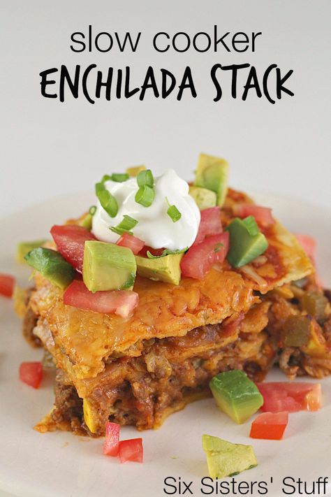 Slow Cooker Beef Enchilada Stack | Six Sisters' Stuff - can add/remove things that kids may not like Crockpot Enchiladas, Enchilada Stack, Paleo Lasagna, Slow Cooker Enchiladas, Taco Filling, Beef Enchilada, Mexican Lasagna, Work Food, Six Sisters Stuff