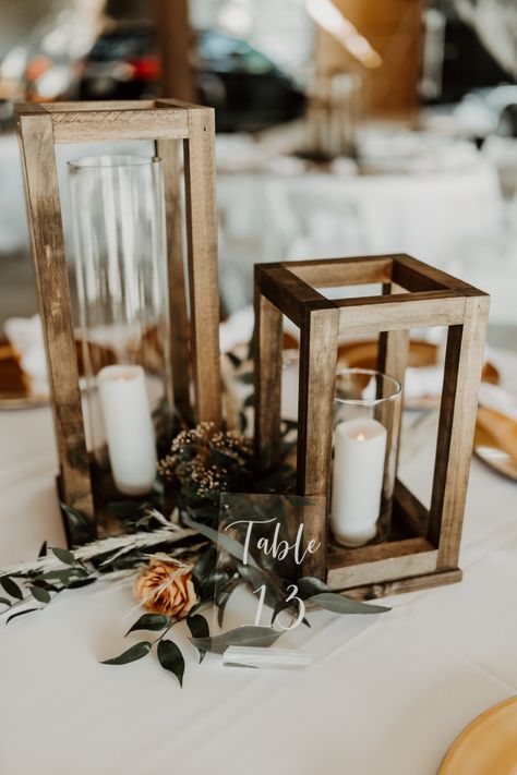 Wooden Wedding Lanterns, Wood Candle Centerpiece Wedding, Square Wood Centerpieces Wedding, Simple Wedding Centerpieces Lanterns, Simple Cheap Centerpieces Wedding, Navy And Rust Table Decor, Wood Lantern Table Centerpieces, Rustic Lantern Wedding Centerpieces, Wedding Centerpieces Round Table Candles