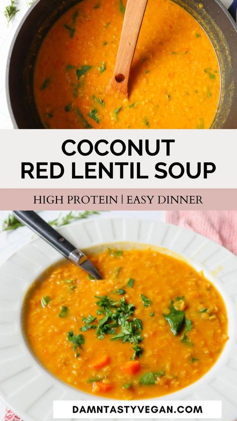 Creamy coconut red lentil soup in a white bowl. Red Lentil Quinoa Soup, Creamy Lentil Curry, Coconut Curry Red Lentil Soup, Coconut Lentil Curry Soup, Red Lentil And Coconut Milk Soup, Creamy Red Lentil Soup, Coconut Based Soup, Vegan Red Curry Soup, Pumpkin Red Lentil Soup