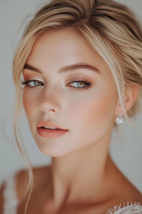 Winter Wedding Eye Makeup, Beautiful Natural Makeup Looks, Natural Glowy Makeup Blue Eyes, Airbrush Bridal Makeup Natural, Blair Waldorf Wedding Makeup, Jschlatt Wedding, Minimalistic Bridal Makeup, Natural Golden Makeup Look, Simple Wedding Makeup Fair Skin