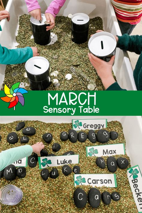 Spring Sensory Table Preschool, March Sensory Bins For Preschool, Sensory Table Kindergarten, March Kindergarten Provocations, March Sensory Table Ideas, St Patricks Sensory Bin, Kindergarten Sensory Table, March Sensory Bin Ideas, Preschool Sensory Table Ideas