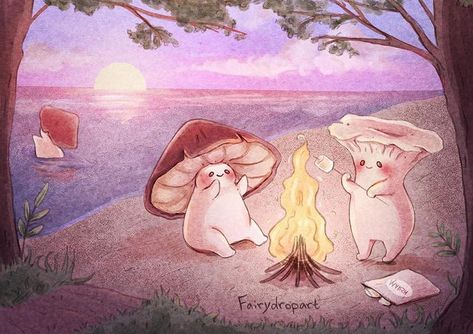 Jen on Instagram: “The mushrooms made s’mores as they watched the sunset together ☀️ . I made a little speedpaint if you wanna see the process:…” Jennie Mushroom, Fairydrop Art, Friends At Sunset, Mushrooms Drawing, Mushroom People, Cottagecore Wallpaper, Mushroom Drawing, Image Chat, Nature Drawing