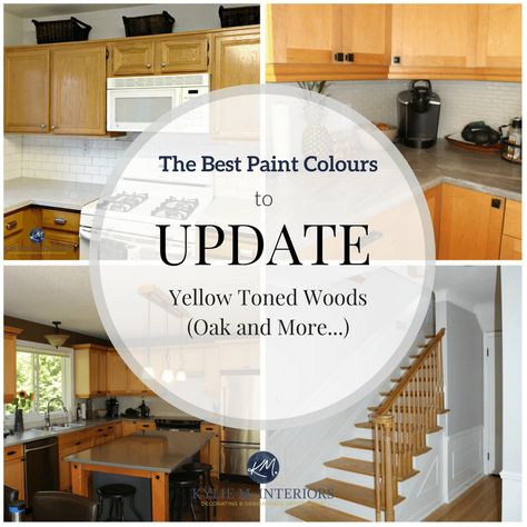 The best paint colours and ideas to update yellow toned oak, wood, cabinets, flooring. Kylie M INteriors E-decor and E-design Yellow Wood Floors Paint Colors, Yellow Wood Cabinets Kitchen, Oak Wood Interior Design, Best White Paint With Honey Oak, Paint Colors Oak Cabinets, Oak Floor Decor, Yellow Oak Floors, Yellow Oak Kitchen Cabinets, Yellow Wood Floors