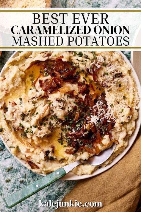 These are the Best Ever Caramelized Onion Mashed Potatoes! If you have never tried these kinds of mashed potatoes, let me tell you that they’ll change your life. The flavors are immaculate and every bite is incredible. It’s creamy, it’s cheesy, it’s buttery, and it’s so delicious, so try this recipe today! Mashed New Potatoes Recipes, Caramelized Mashed Potatoes, Fall Mashed Potatoes, Mashed Potatoes With Onions, Carmalized Onion Mashed Potatoes, Shallot Mashed Potatoes, Fancy Mashed Potatoes Holidays, Fancy Twice Baked Potatoes, Potato With Onions