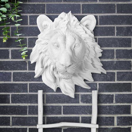 "9\" tall x 8\" wide x 4\" deep; 3 lbs. Eco-Friendly Resin Hand Painted The Mini White Faux Lion Head was designed to be a fierce statement piece for any room needing a mini, but dimensional touch! With nursery decor in mind, we sought to make that perfect dimensional White faux Lion that can tie the room together by bringing nature into your home in a chic way! Next: See our Faux Taxidermy Guide!" Faux Taxidermy Decor, Faux Animal Head, Animal Head Wall Decor, White Faux Taxidermy, Taxidermy Decor, Head Wall Decor, Rustic Metal Decor, Animal Head Wall, Rustic Wall Clocks