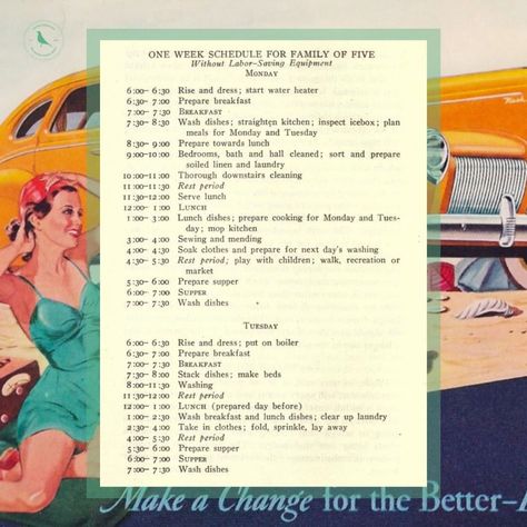 Emily | Vintage Housewife | 100-year-old Housewife Routine! This is a 100-year-old schedule for a Housewife for a Family of 5, no servants, no labor-saving devices.… | Instagram 1950s Housewife Daily Routine, Housewife Routine, 1950 Housewife, Housewife Tips, Week Of Lunches, The Good Wife's Guide, Housewife Life, Luncheon Menu, 1950s Housewife