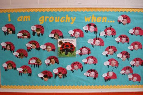 writing bulletin board Ladybug Bulletin Boards, Preschool Insects, Eric Carle Activities, Grouchy Ladybug, Childrens Books Activities, Literature Activities, Author Study, Insects Theme, Preschool Bulletin Boards