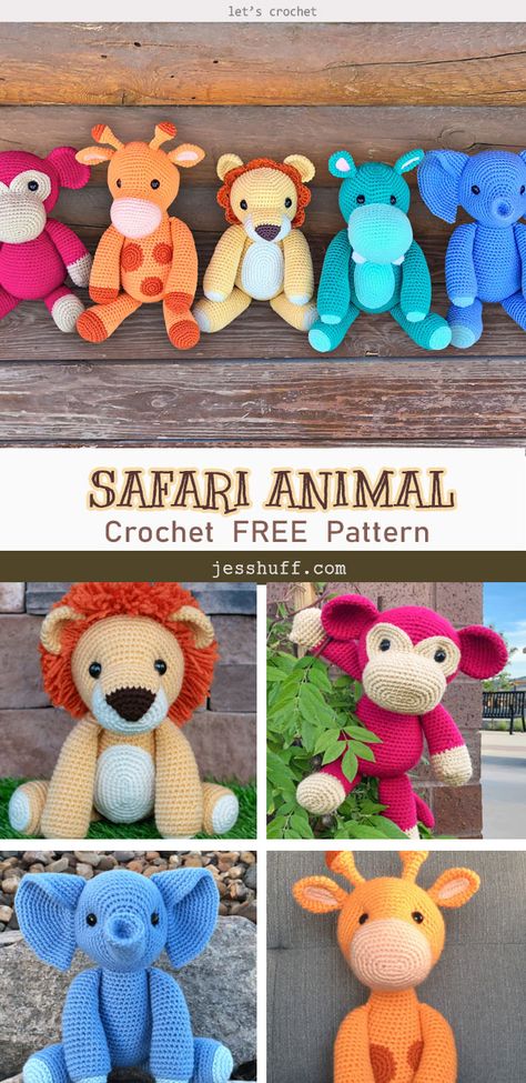 Safari Animal Amigurumi Free Crochet Pattern Crocheted Stuffed Animals, Crochet Stuffies, Crochet Sloth, Crochet Stuffed Animals, Crochet Toys Free Patterns, Crocheted Animals, Crochet Lion, Animal Amigurumi, Giraffe Crochet