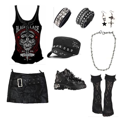 Goth Y2k Aesthetic Outfit, Emo Rockstar Outfit, Gacha Rockstar Outfits, Goth Mcbling Outfits, Metalhead Summer Outfits, Punk Themed Party, Goth Outfits Png, Emo Clothes Png, Y2k Outfit Png