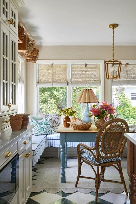 This Westchester Home Brims With Vintage Finds and Eclectic Flair English Cottage Kitchens, Cottage Dining Rooms, Cottage Interior, Cottage Living Rooms, Cottage Kitchens, Rattan Dining Chairs, Cottage Interiors, Dining Nook, Cottage Living